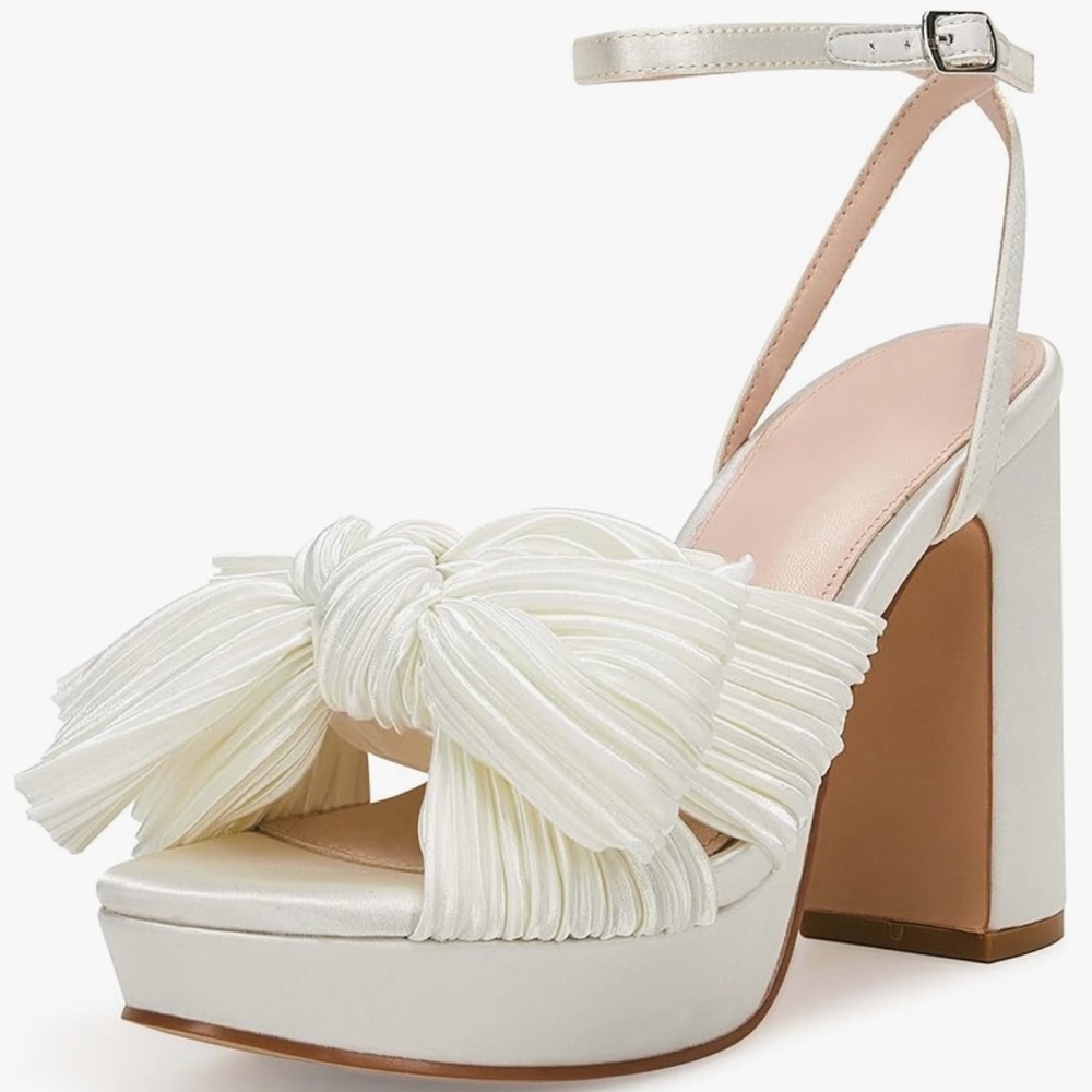 Pleated Bow Knot Platform Heeled Sandals Open Toe Chunky Block Heel